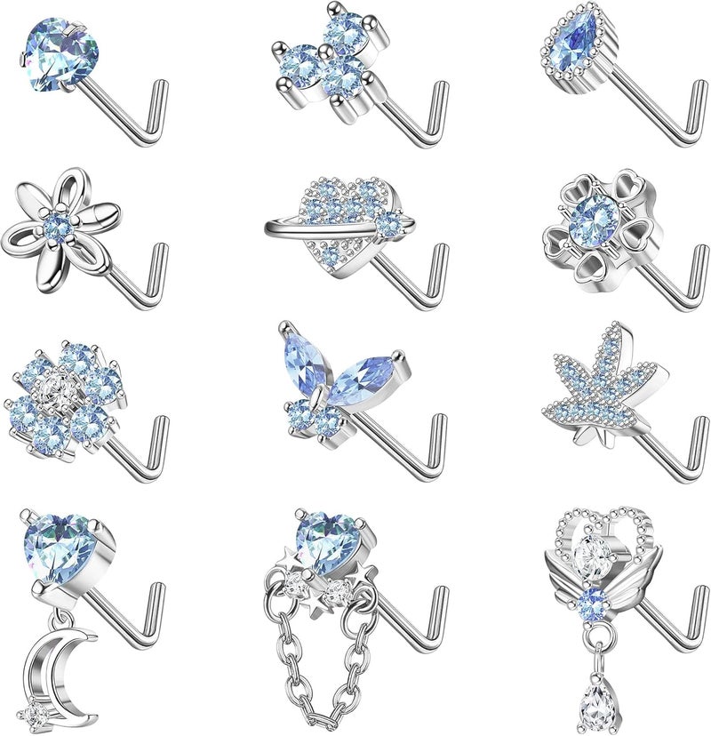 Sanfenly 12 PCS 20G Nose Rings Surgical Stainless Steel, L Shaped Nose Studs for Women Men, CZ Heart Butterfly Flower Leaf Moon Dangle Cute Nose Piercings Studs Screw Jewelry Pink/Purple/Blue/Clear - Image 1